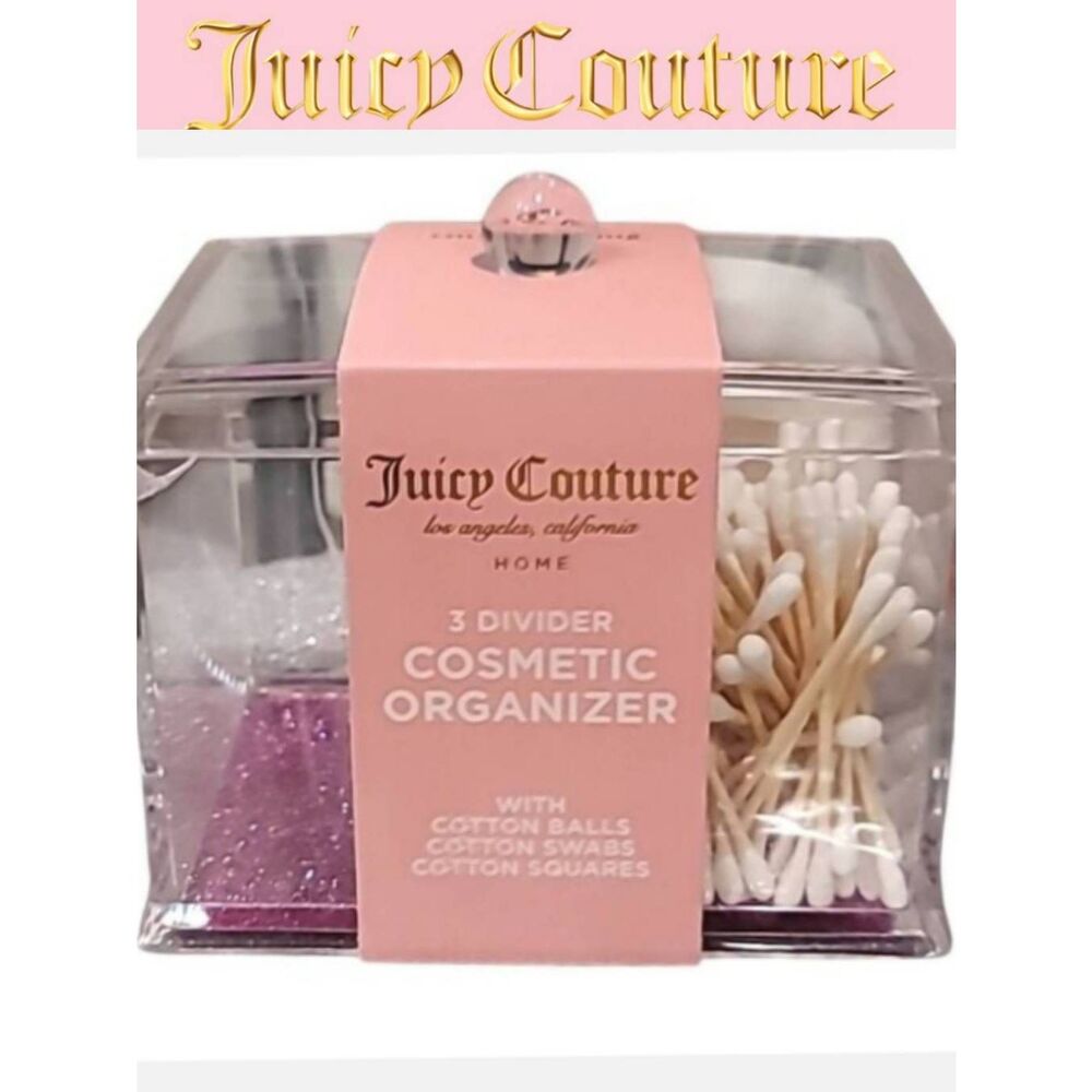 Juicy Couture Home Acrylic 3 Divider Cosmetic Organizer w/Cotton Balls, Swabs, S